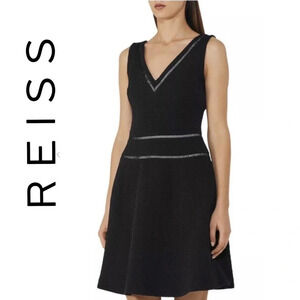 Reiss Nelly Textured A-line Sleeveless V-neck Dress Black Midi Cocktail Size 6